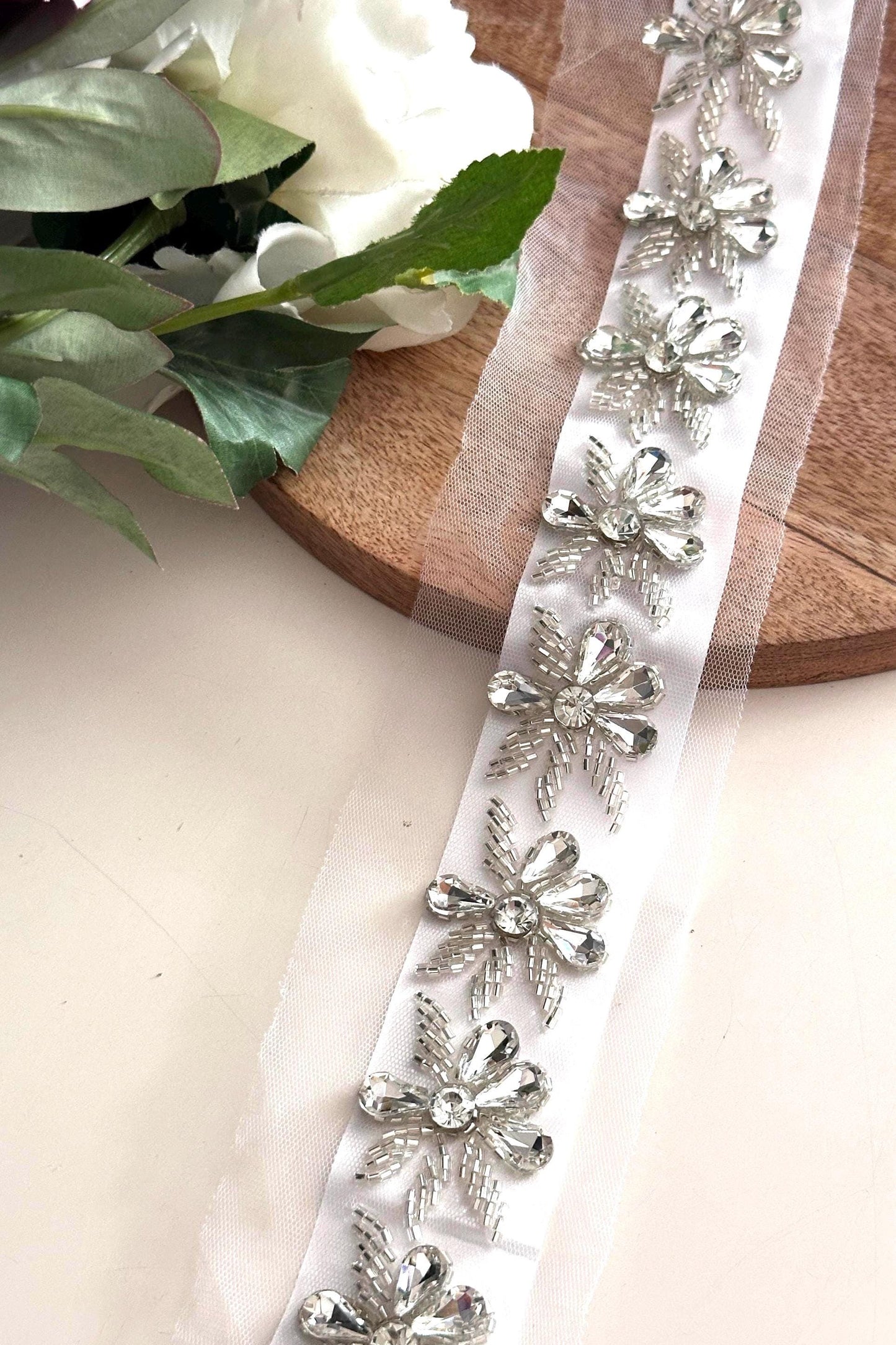 Handmade Crystal Beaded Trim Gold and Silver Embroidered Lace For Bridal Couture Festival Belt Dress