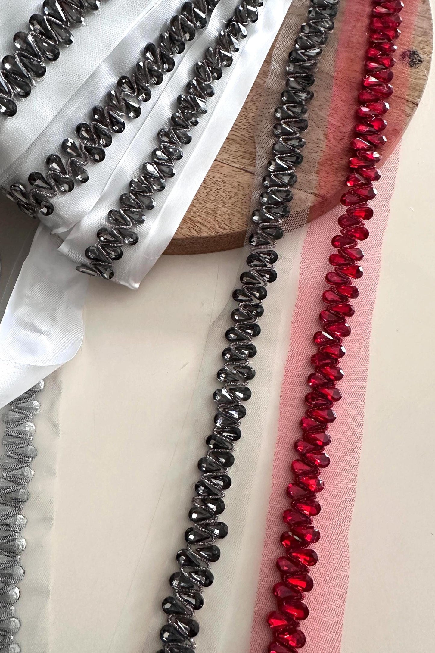 Crystal Rhinestone Trim Bridal Rhinestone Beaded Red & Black Lace Ribbon Applique