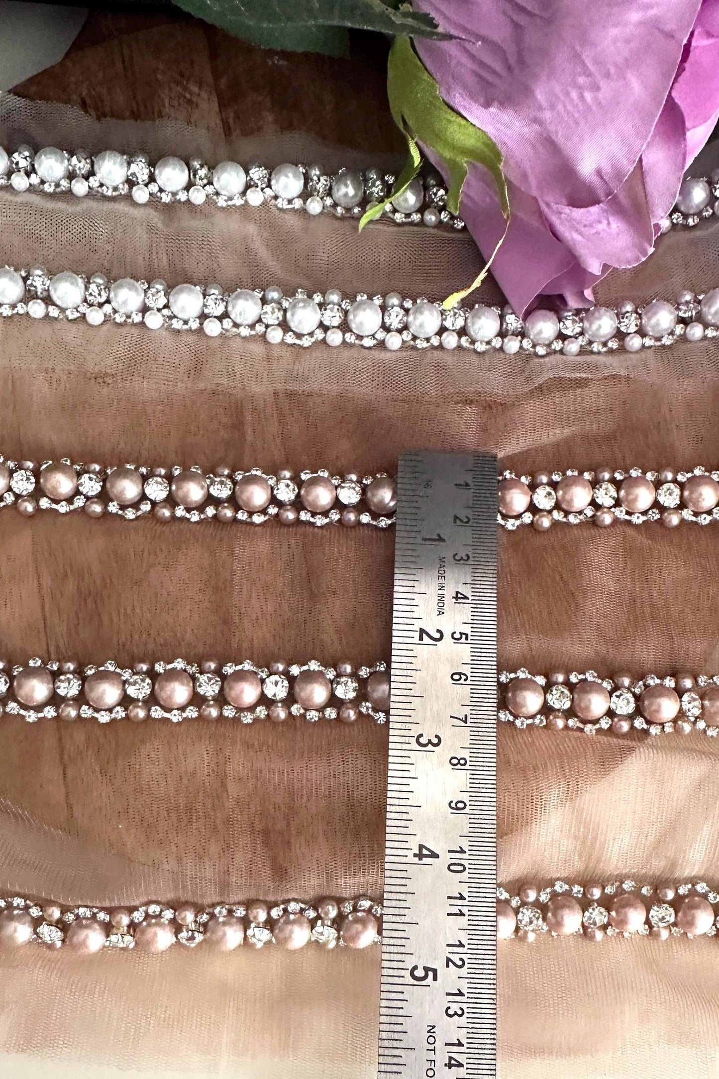 Pearl Rhinestone Bead Trim Handmade Embroidered Lace Wedding Veil