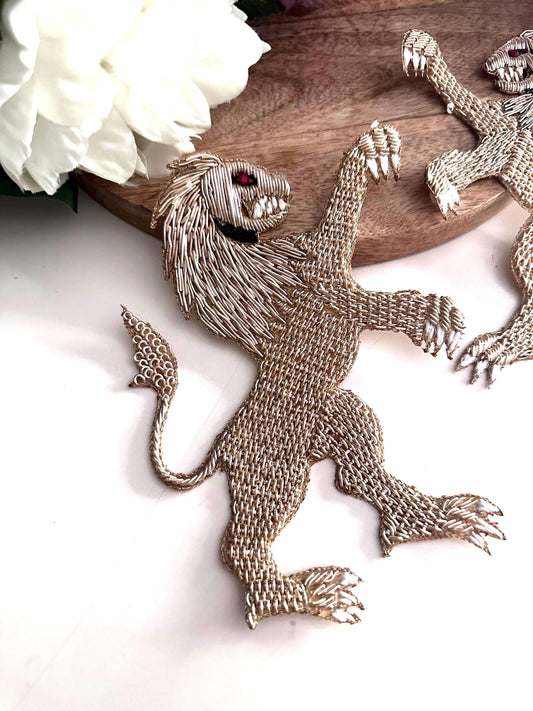 Hand Embroidered Metallic Thread Gold Lion Crest Patch