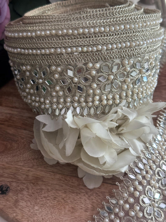 Floral Pearl Trim Light Gold Mirror Work Beaded