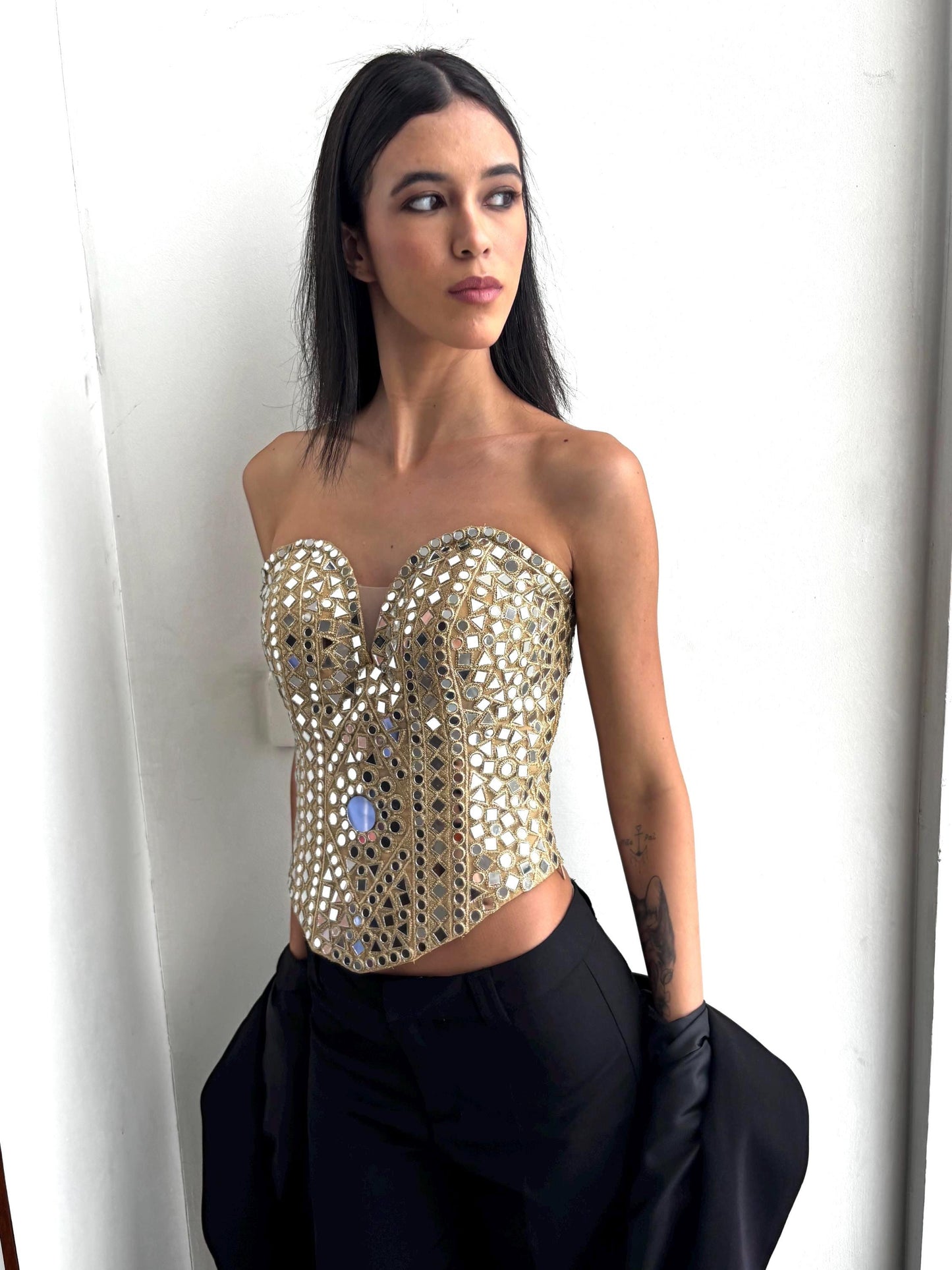 Handcrafted Mirror Work Corset Top Statement Gold Embellished Bustier for Party Designer Fusion & Festive Wear