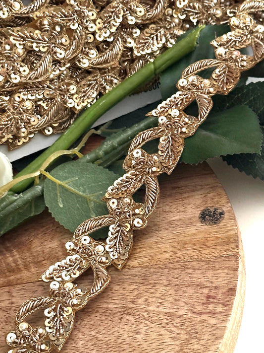 Gold Leaf Embroidered Lace Trim: Zardosi Sequins & Pearls Indian Zari Border