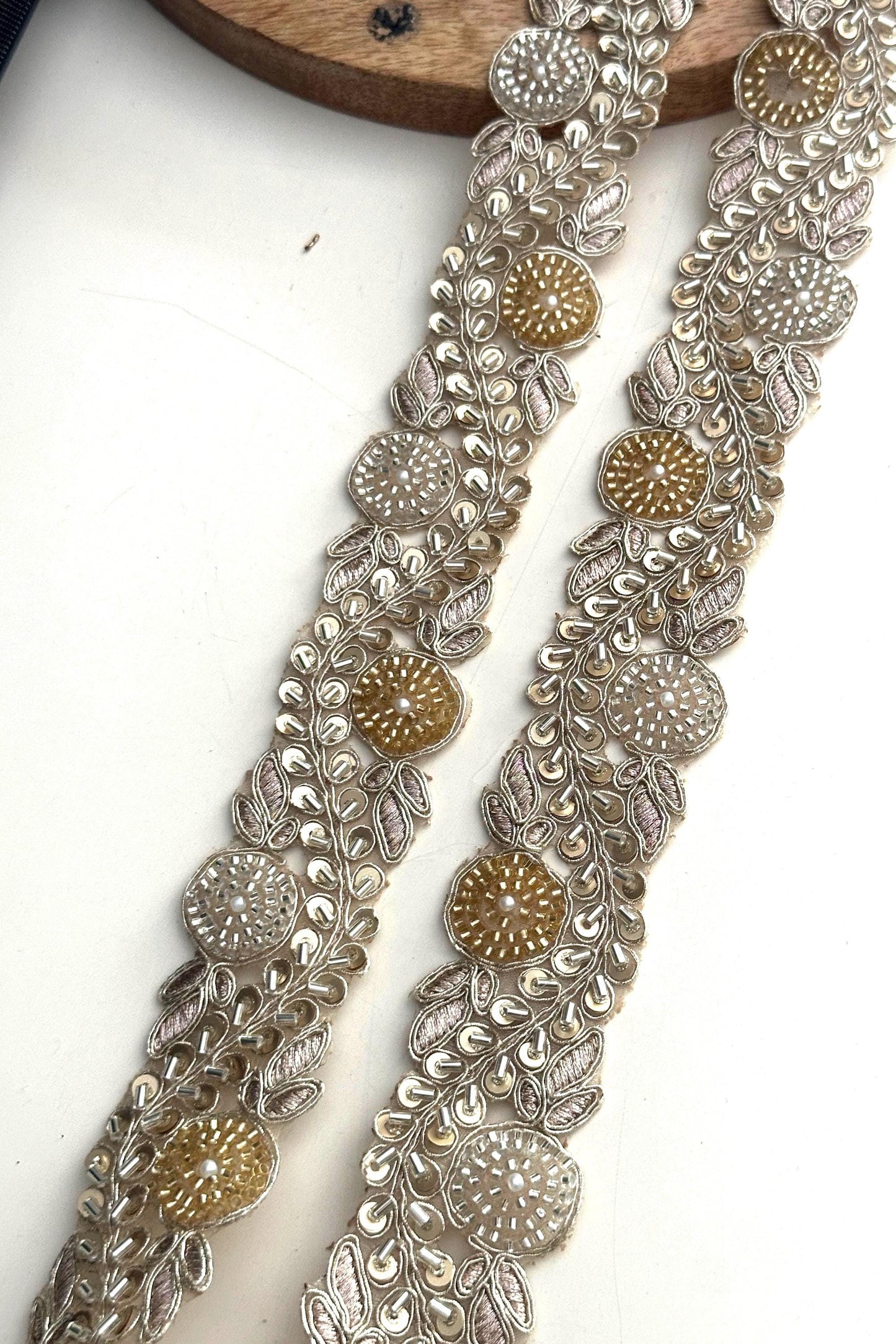 Floral Zari Lace Trim: Gold & Silver Embroidery, Pearls, Sequins