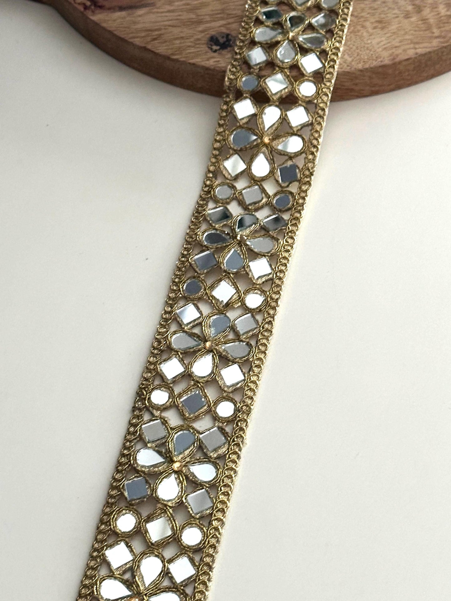Handmade Gold Mirror Work Trim Zari Lace, 2 Inch