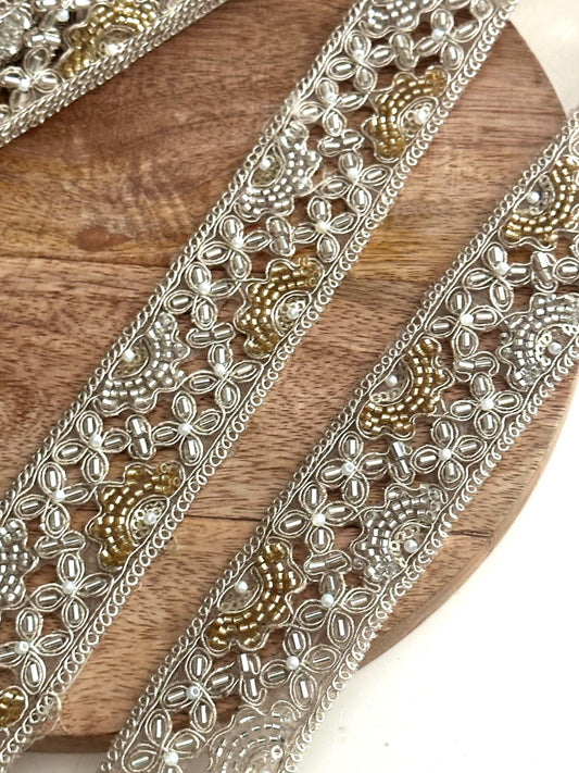 Pearl Embroidered Zari Lace Trim: Silver Gold Indian Bridal Border