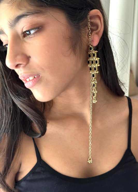 Statement Gold Ear Cuff Earring with Long Chain Black