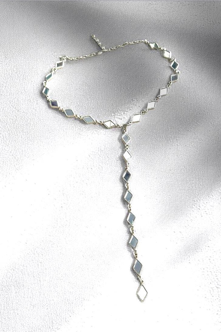Mirror Work Long Y Necklace Diamond Shape Silver