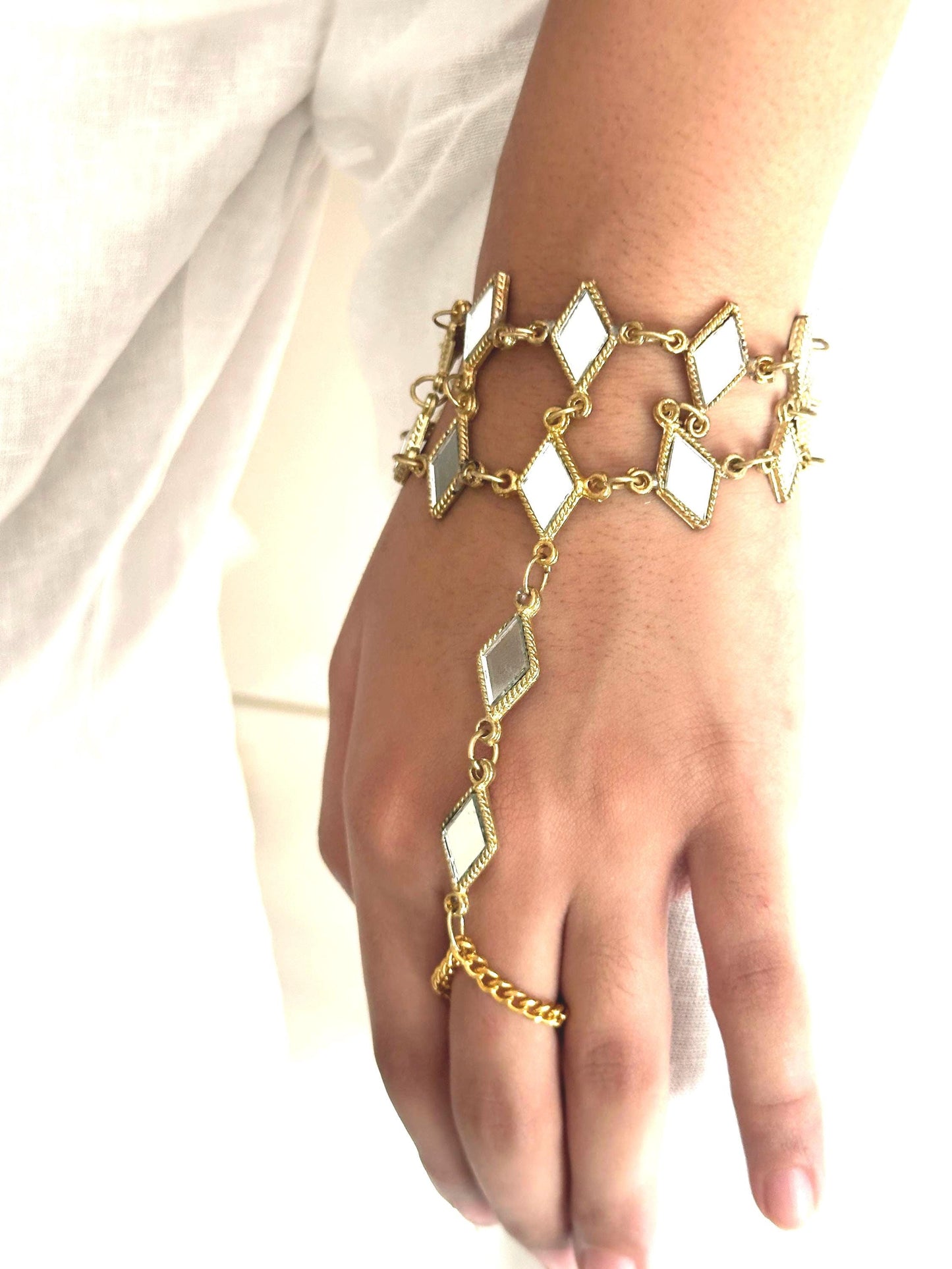 Mirror Work Hand Harness Bracelet Gold Plated Hand Cuff