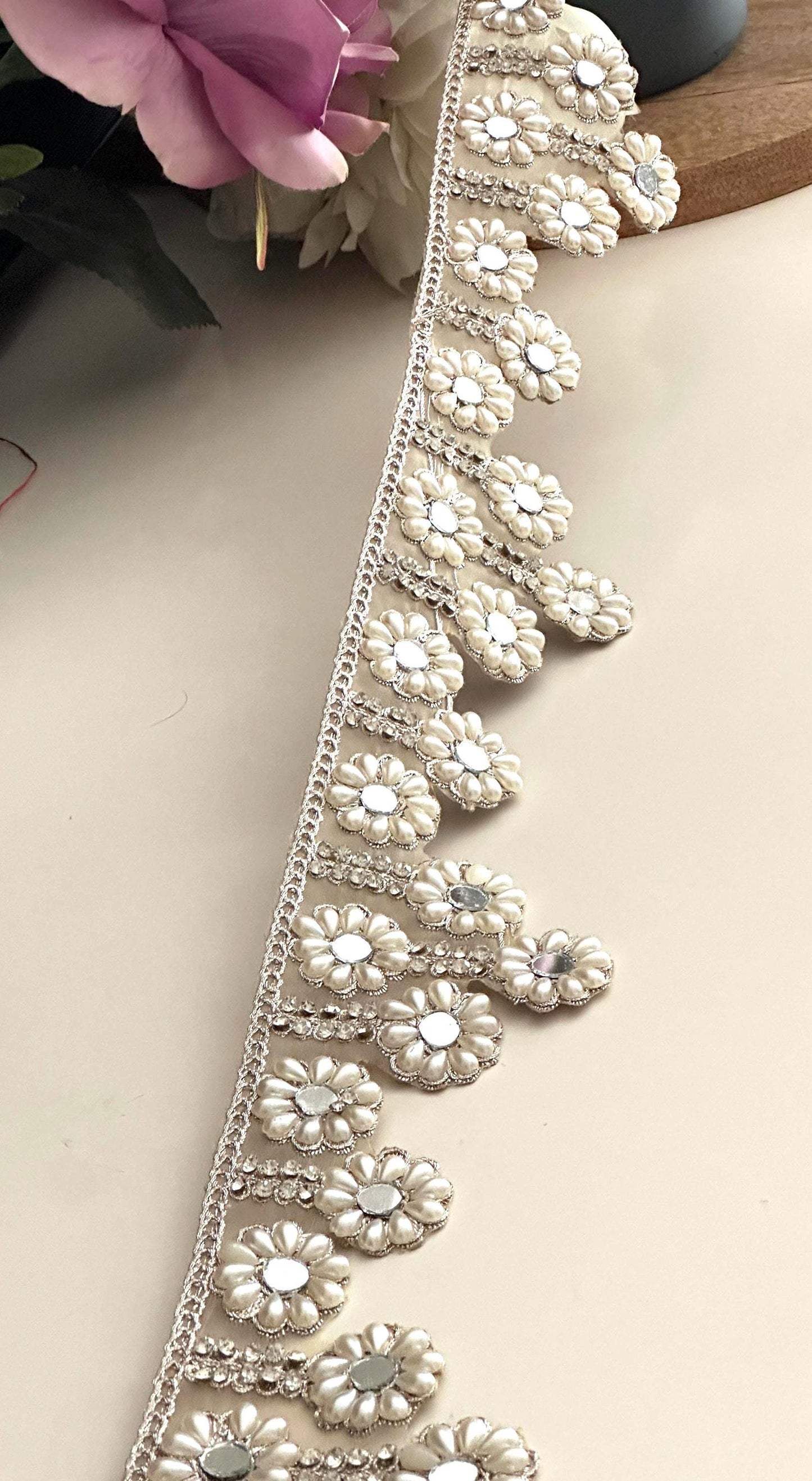 Ivory Pearl Floral Mirror Lace Trim