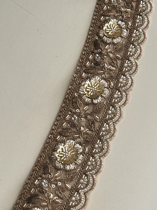 Bronze Gold Floral Lace Trim Broad Beaded Embroidery