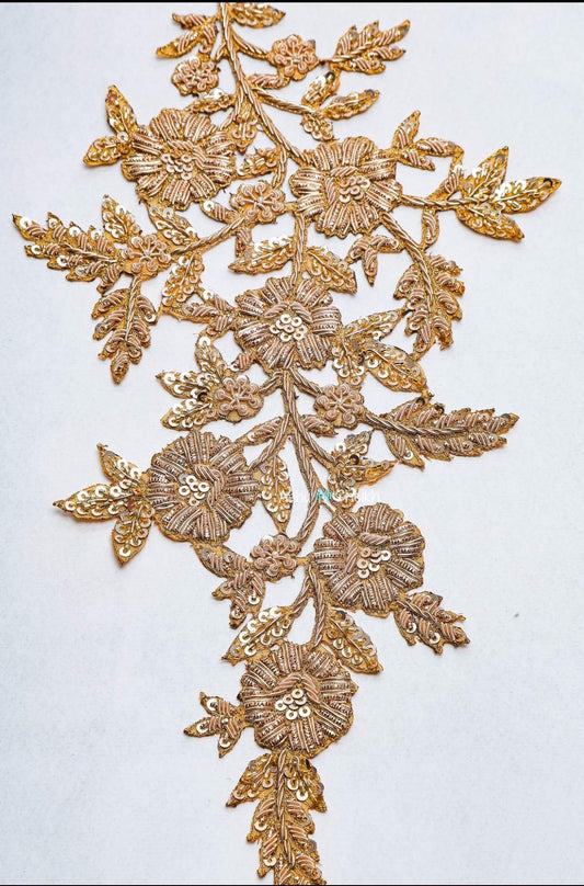 Gold Floral Hand Embroidered Applique Patch