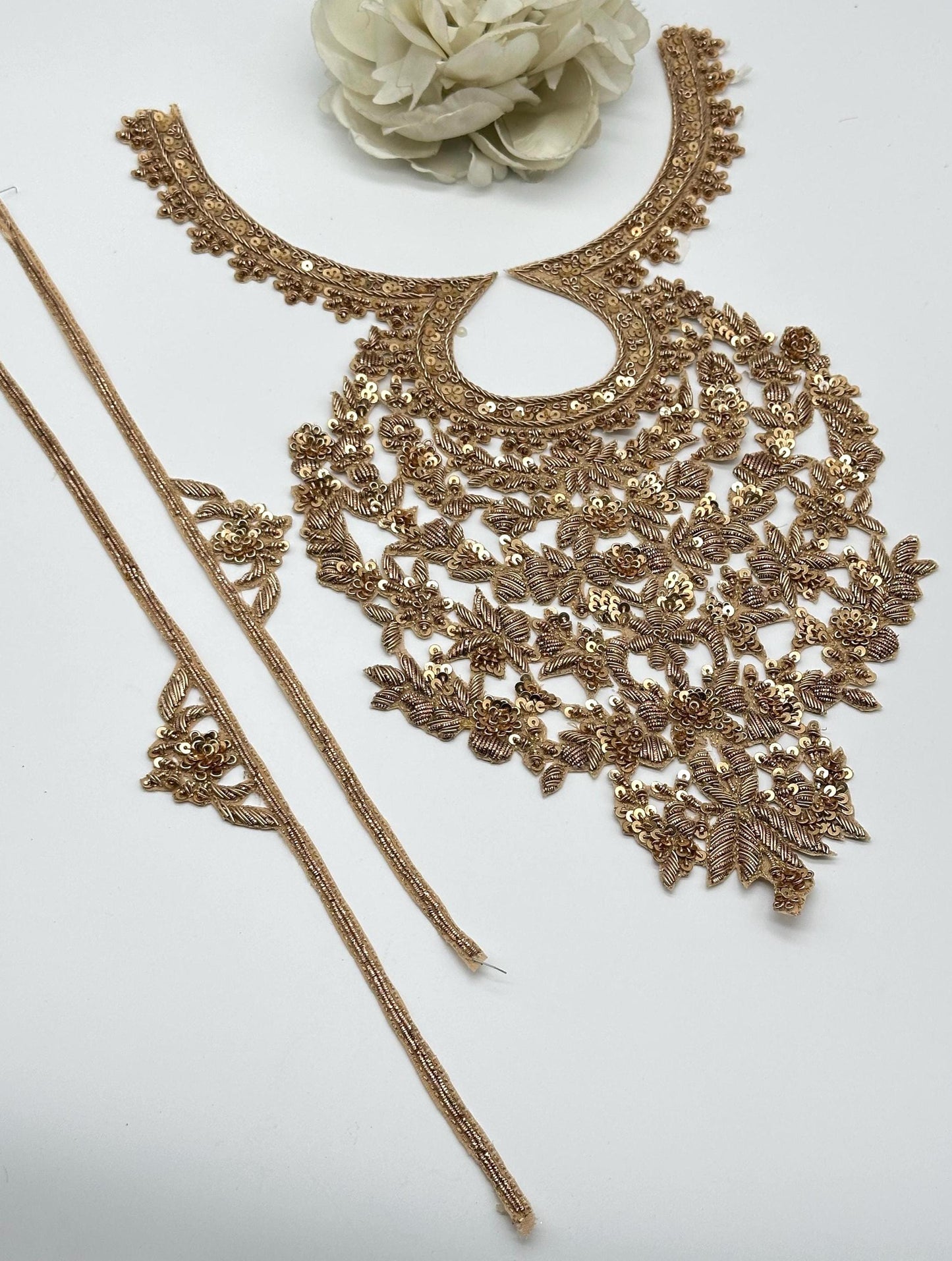 Heavy Gold Zardozi Bridal Neckline Applique Set with Side Borders