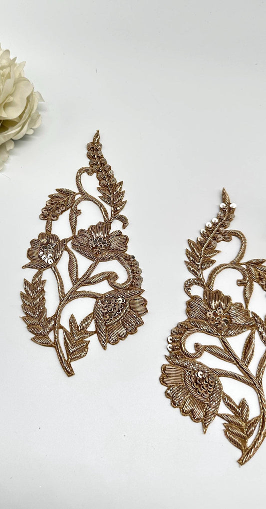 Gold Floral Zardozi Embroidery Patch Pair