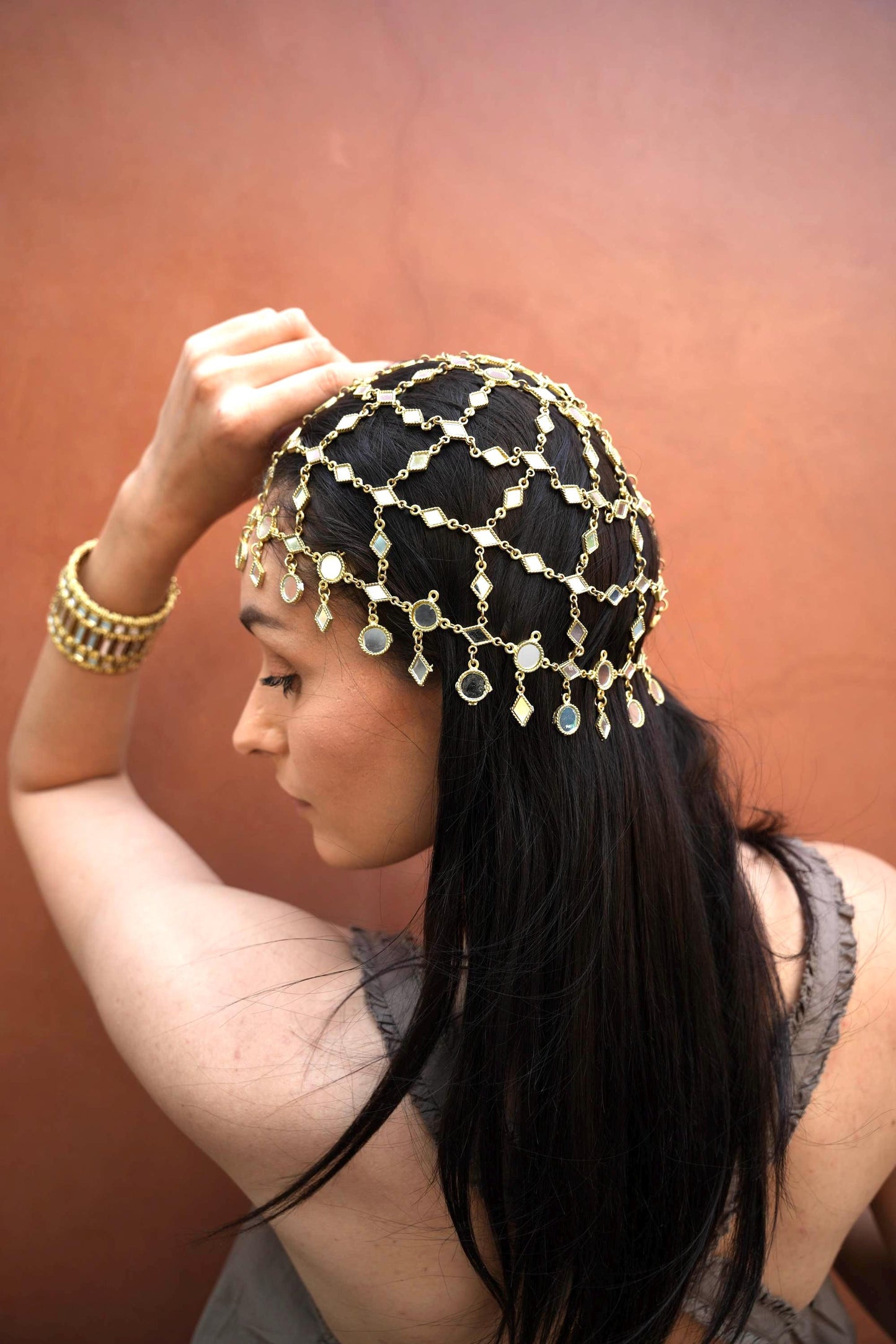 Gold Mirror Head Chain Boho Bridal Headpiece Festival Hair Jewelry