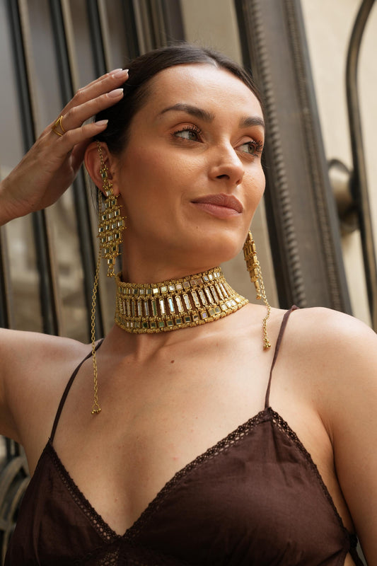 Handmade Gold Mirror Choker, Earrings, Ring Cuff Set