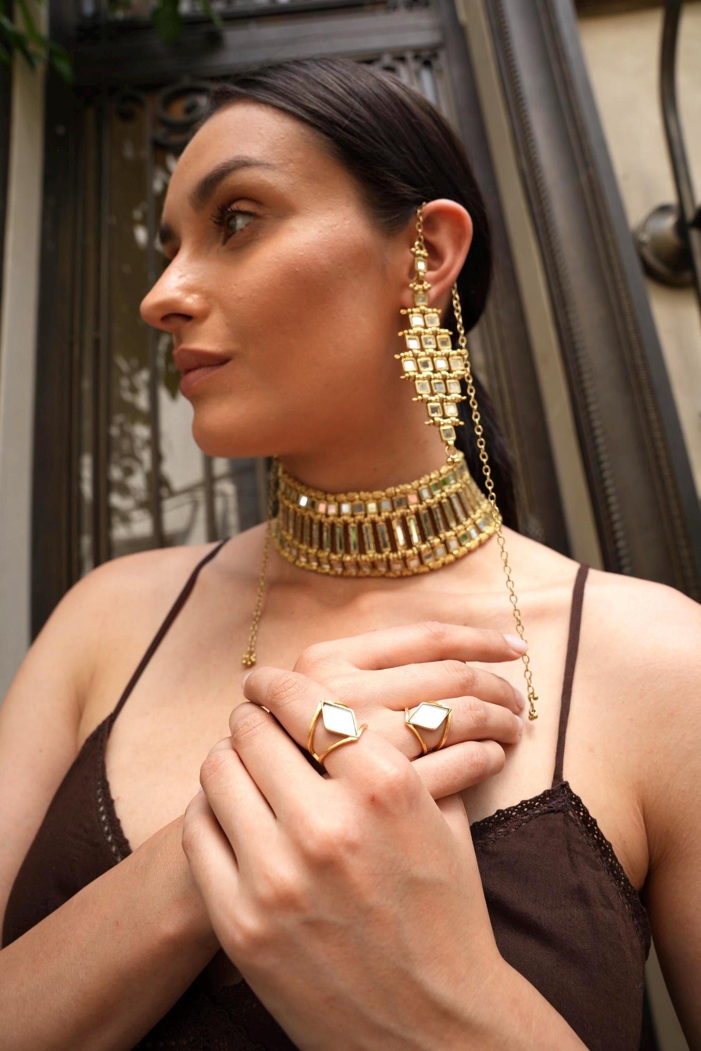 Handmade Gold Mirror Choker, Earrings, Ring Cuff Set