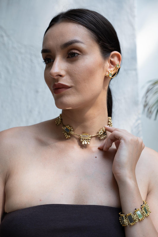 Mirror Work Statement Choker Necklace Gold Coin Fringe Bracelet Set