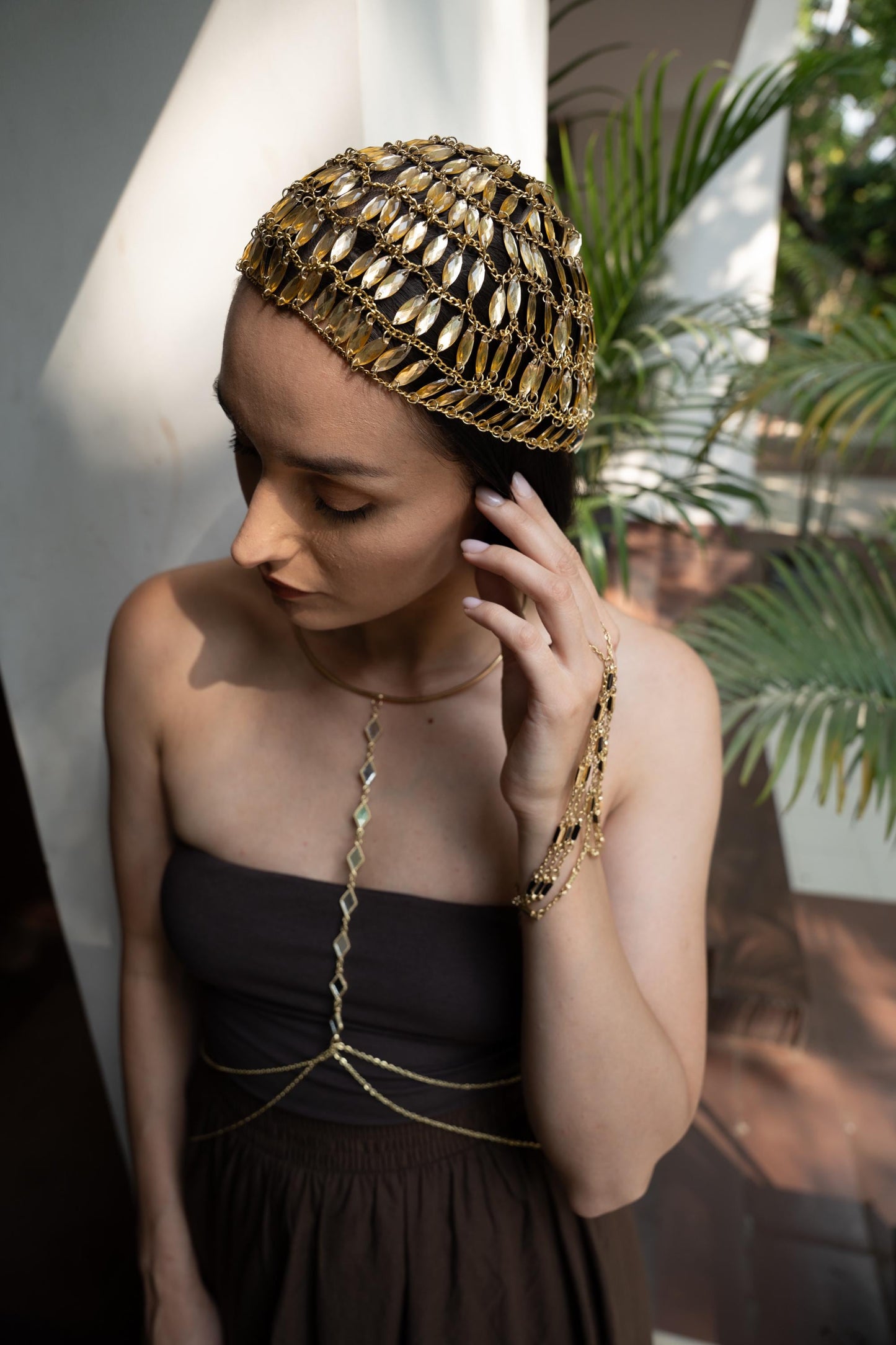 Gold Body Chain Jewelry Set with Beaded Headpiece