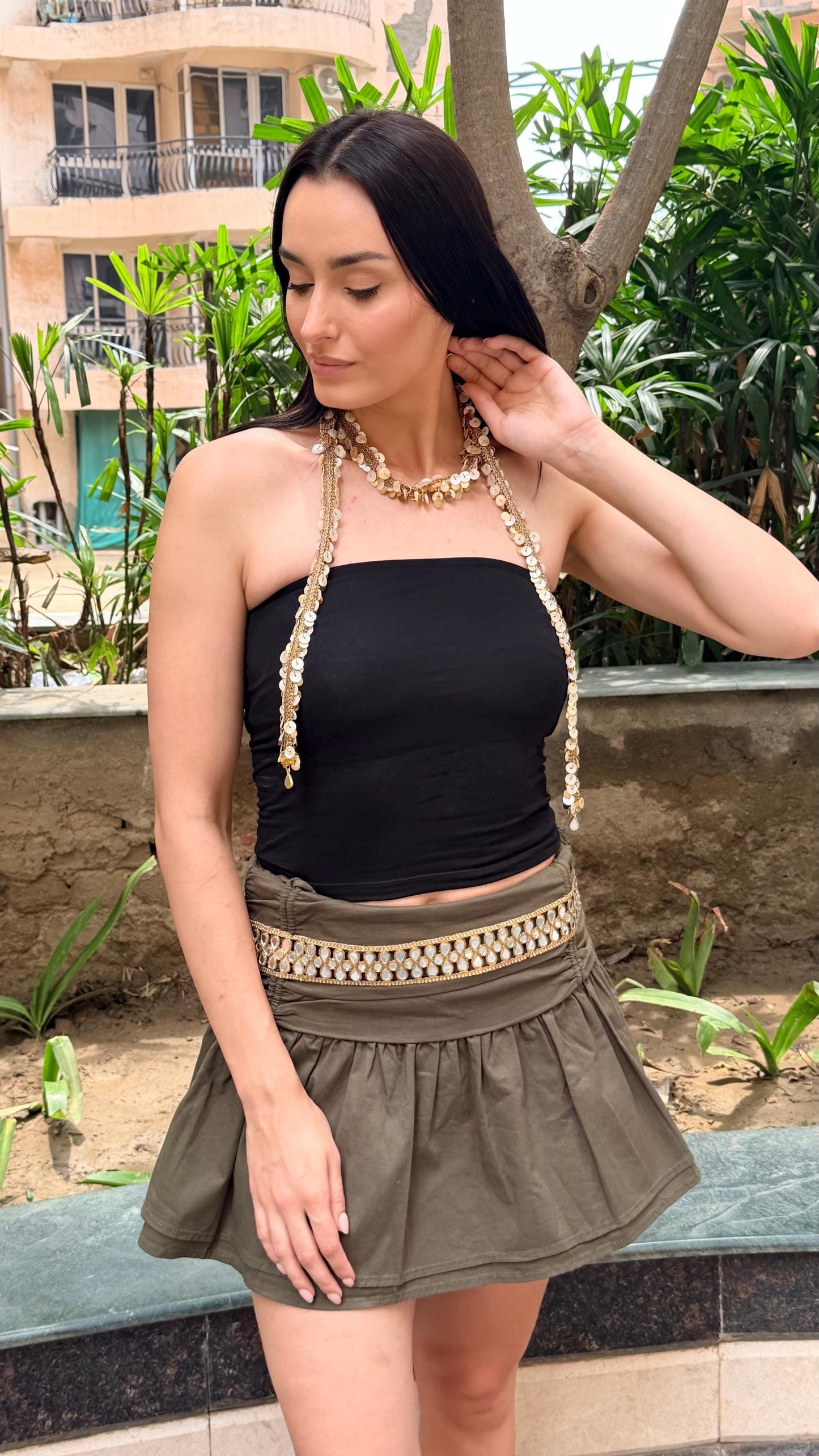Gold Tassel Beaded Tie Up Necklace and Mirror Belt Set