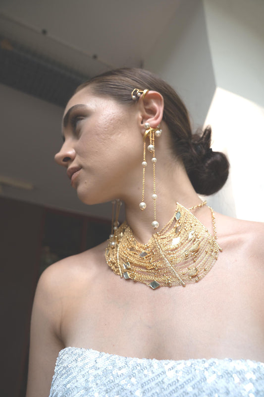 Gold Statement Choker Necklace and Pearl Chain Earrings Set