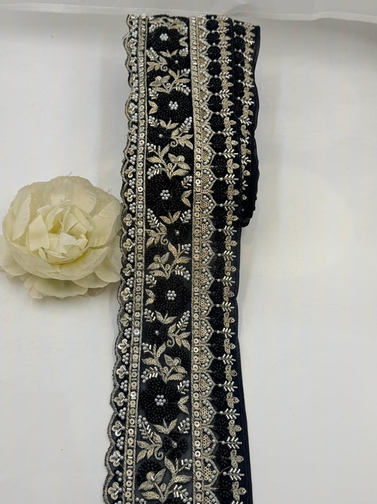 Black Beaded Embroidered Lace Trim