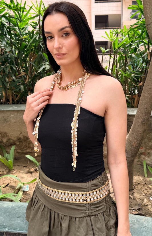 Gold Tassel Beaded Tie Up Necklace and Mirror Belt Set