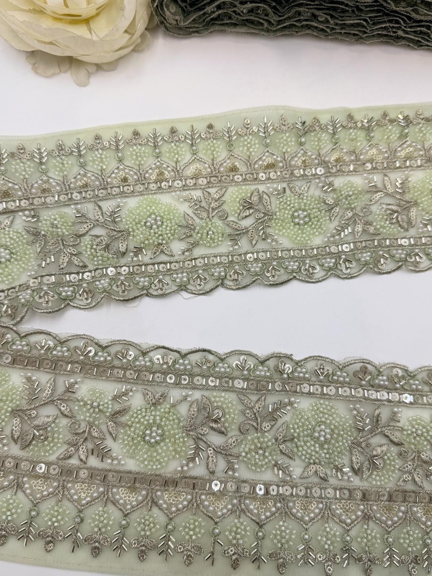 Mint Green Glass Bead Lace Trim Border