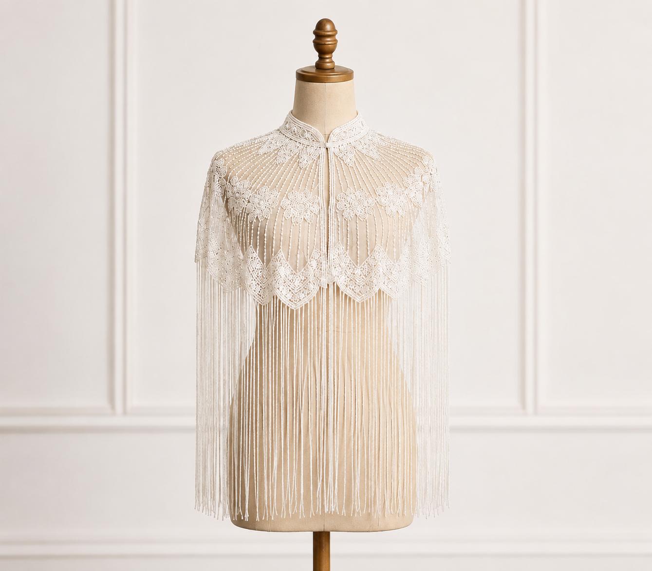 White Beaded Fringe Capelet, Embroidered Statement Shoulder Cape with Long Fringe Handmade Bridal coverup Bridesmaid Gift Festival Dress