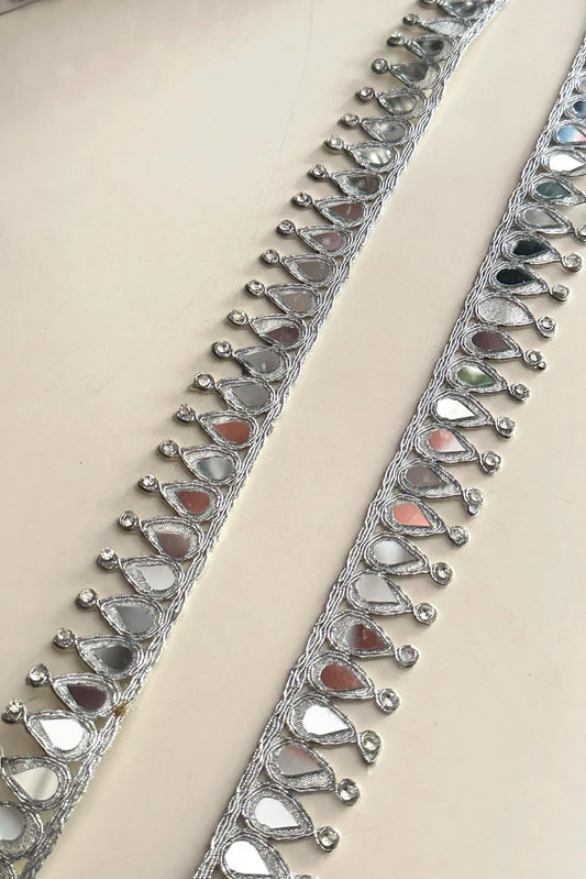 Silver Mirror Lace Trim with Rhinestones Teardrop Embroidery Border for Saree, Blouse, Dupatta DIY & Wedding Decor Zircon Embellished Trim