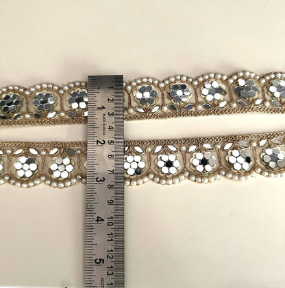 Mirror Work Floral Lace Trim with Pearls Traditional Scalloped Gold Embroidered Border Wedding Dress Design For Saree Veil  Decor DIY Craft