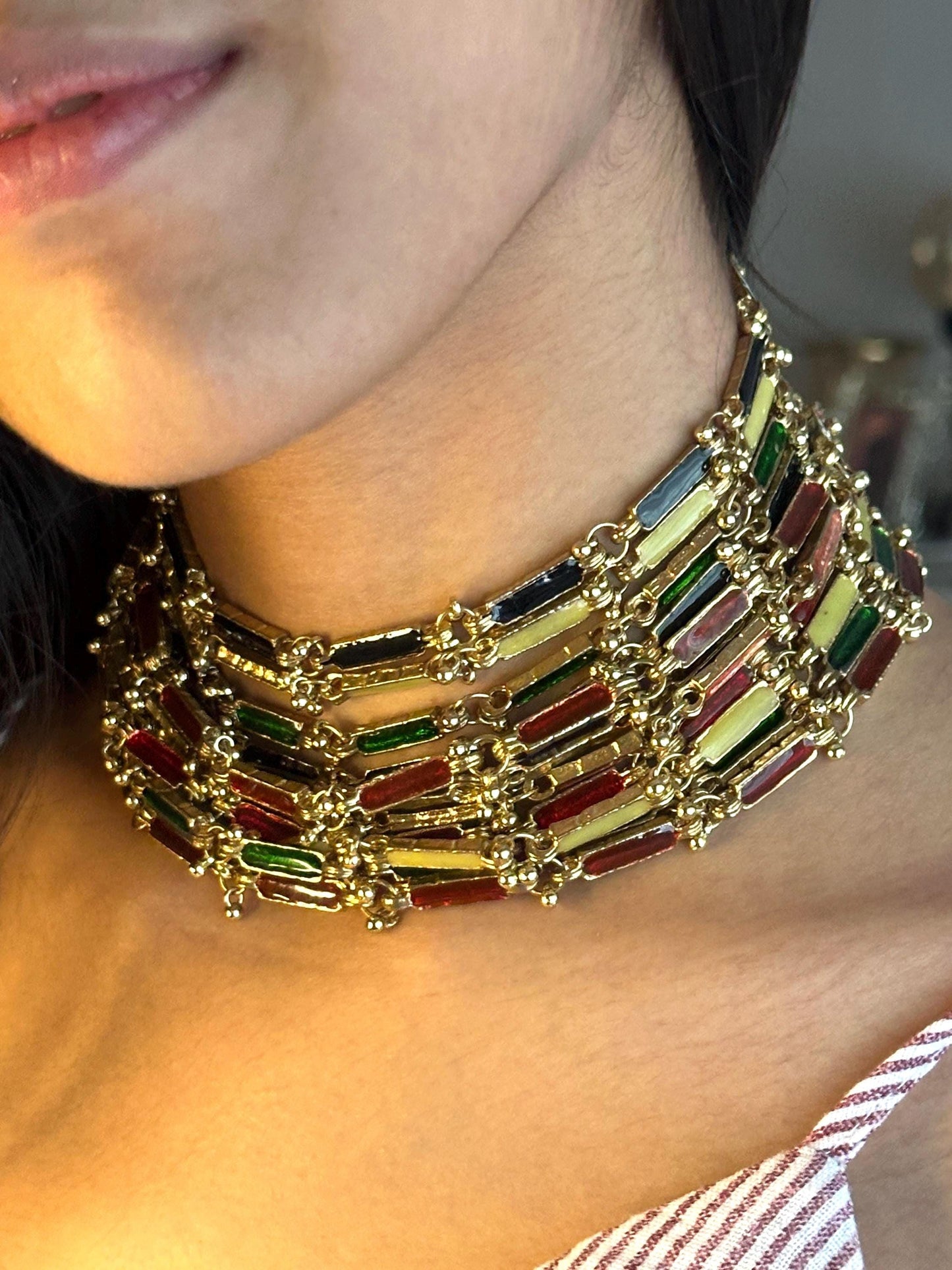 Handmade Multicolor Enamel Choker Necklace Gold Statement Collar Boho Festival Jewelry Colorful Bridal Choker Ethnic Wedding Necklace Gift