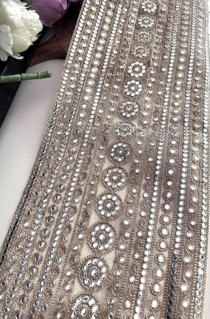 Gold Embroidered Fabric with Mirror Bead Work Indian Bridal Lace Trim for Saree Lehenga Dupatta Dress Zari Border Embellishment by Yard