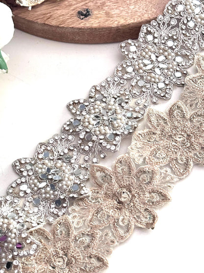 Rhinestone Beaded Lace Trim Silver