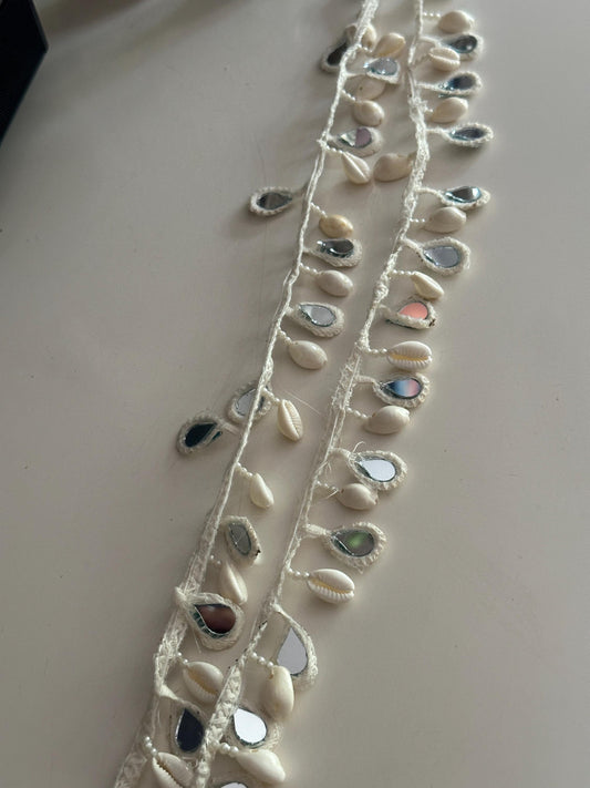 Boho Shell Mirror Lace Trim Cowrie Shell Mirror Work Tassel Lace Border for Resort Dress Kaftan Craft Handmade Ethnic Beach Trim by Yard