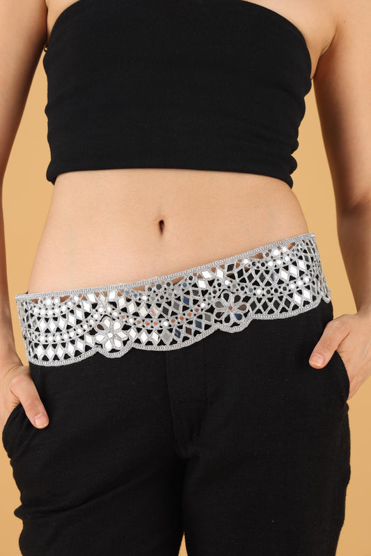 Silver Mirrorwork Waist Belt – Handmade Boho Choker Belt – Festival Fashion Accessory – Indian Crystal Lace Jewelry