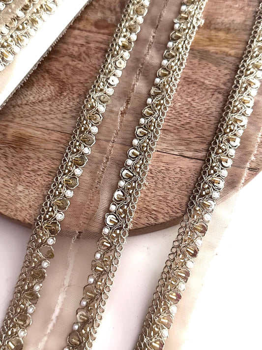 Luxury 9Yard Beaded Lace Trim Pearl & Glass Bead Cutdana Embroidery for Costume Lehengas Veil  Craft Project Decor Edging Ribbon