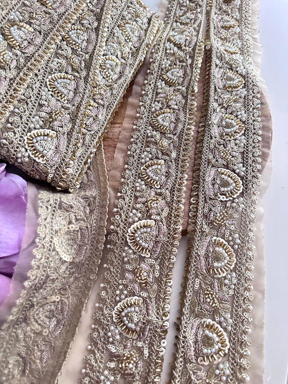 Luxury Hand Embroidered Pearl Sequin Trim Gold Zardozi Lace Border for Saree Dupatta Bridal Veil Lehenga & Wedding Dress Indian Craft Ribbon