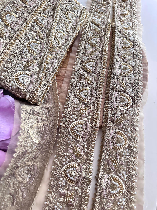 Luxury Hand Embroidered Pearl Sequin Trim Gold Zardozi Lace Border for Saree Dupatta Bridal Veil Lehenga & Wedding Dress Indian Craft Ribbon