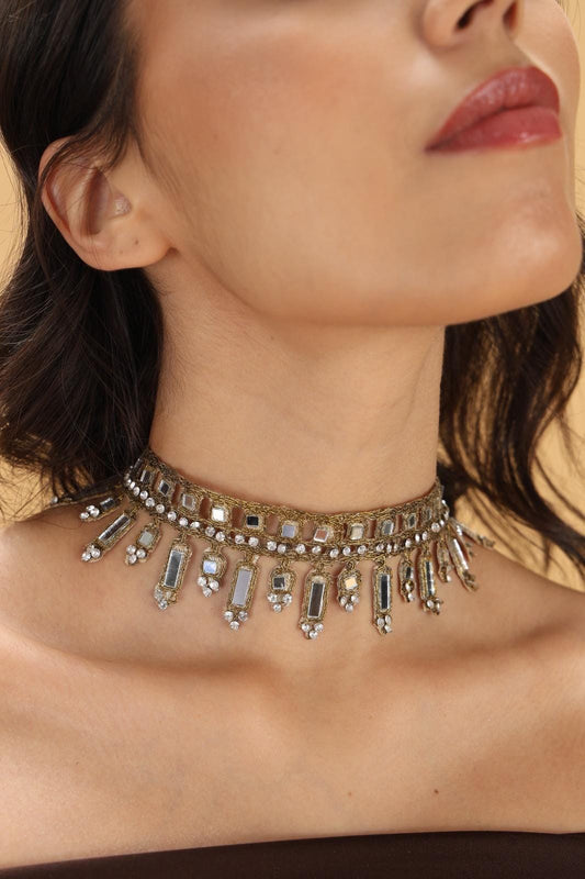 Handmade Mirror Choker with Silver Rhinestones Gold Statement Necklace with Crystal Drops Boho Festival & Evening Wear Jewelry