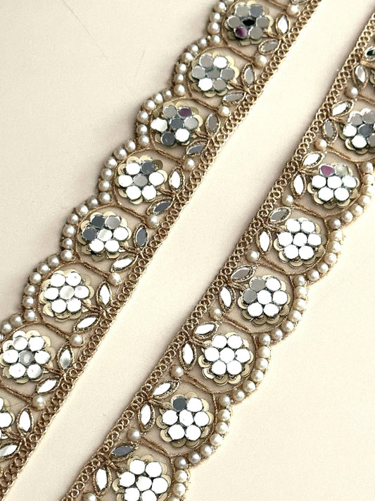 Mirror Work Floral Lace Trim with Pearls Traditional Scalloped Gold Embroidered Border Wedding Dress Design For Saree Veil  Decor DIY Craft