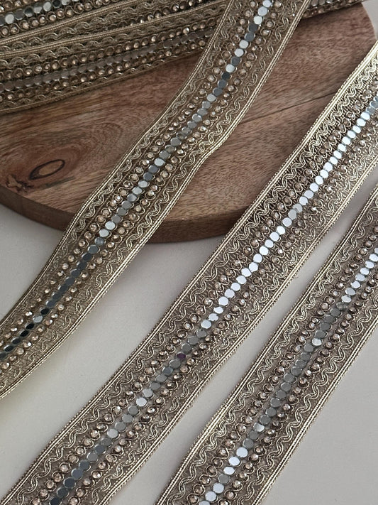 Gold Mirror Crystal Lace Trim Designer Embellished Border for Costume Couture Fashion Wedding Decor Boho DIY Craft Festival Wear Jewelry