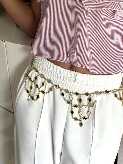 Gold Mirror Drop Chain Belt Adjustable Waist Chain for Dresses, Sarees & Lehengas Bridal Wedding Belt  Boho Festival Belly Chain Jewelry