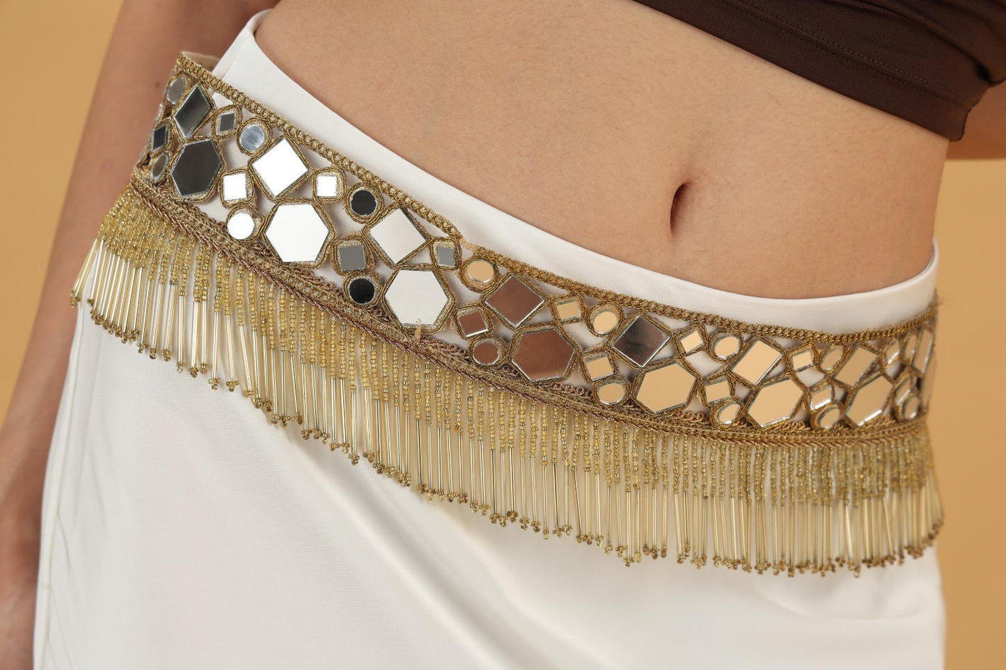 Handmade Mirror Embroidered Waist Belt with Bead Fringe Indian Boho Festival Belt Statement Trim for Sarees, Dresses and skirts