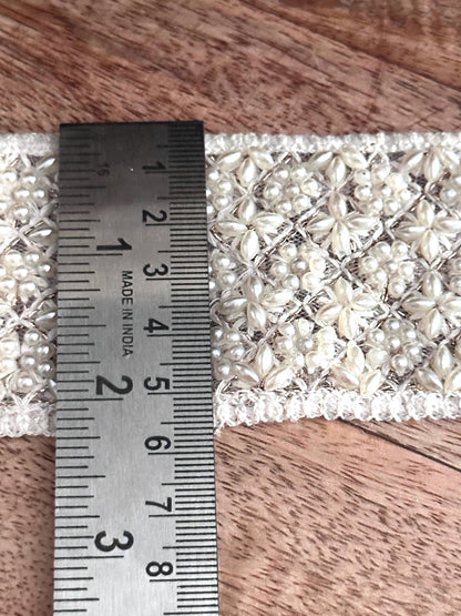Ivory Pearl Beaded Trim 2 Inch Wide Wedding Gown Ribbon for Dress Sashes