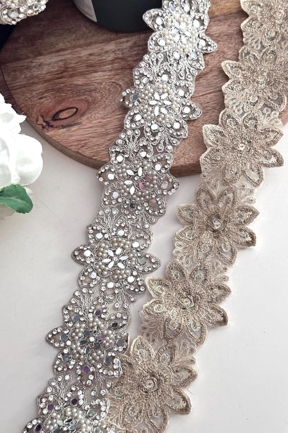 Rhinestone Beaded Lace Trim Silver