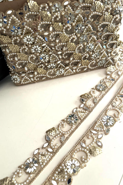 Gold Mirror Lace Trim with Pearls Floral Sequin  Hand Embroidered Border for Saree Lehenga Dupatta Wedding Veil DIY Jewelry & Decor