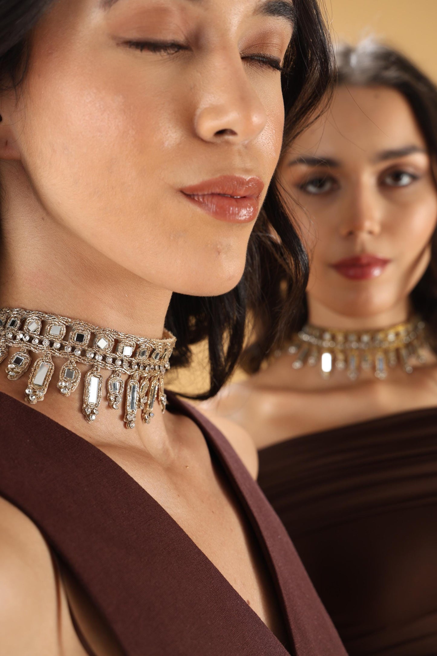 Handmade Mirror Choker with Silver Rhinestones Gold Statement Necklace with Crystal Drops Boho Festival & Evening Wear Jewelry