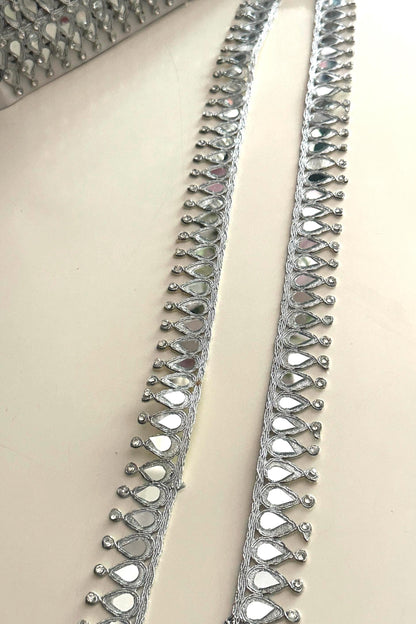 Silver Mirror Lace Trim with Rhinestones Teardrop Embroidery Border for Saree, Blouse, Dupatta DIY & Wedding Decor Zircon Embellished Trim