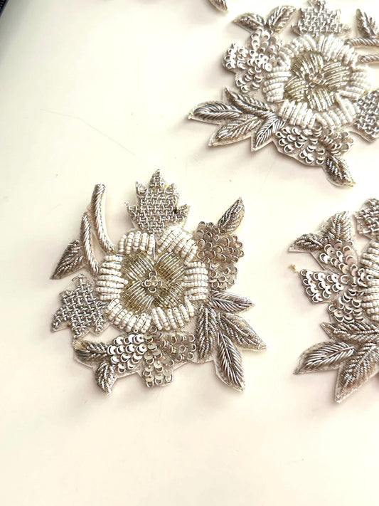 Hand Embroidered Silver Floral Applique Patch Pearl Bead Bridal Saree Dress Jacket Craft Embellishment Zardozi Embroidery Sequin Motif